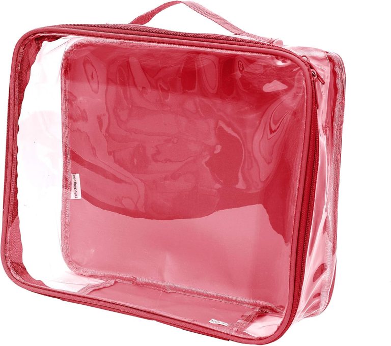 Medium Clear Travel Packing Cube/See-Through Clothes Organizer for Carry on & Checked Suitcase, RV or Camping/Transparent Storage Cell/Doll Storage/Game Day Stadium Approved (Burgundy)